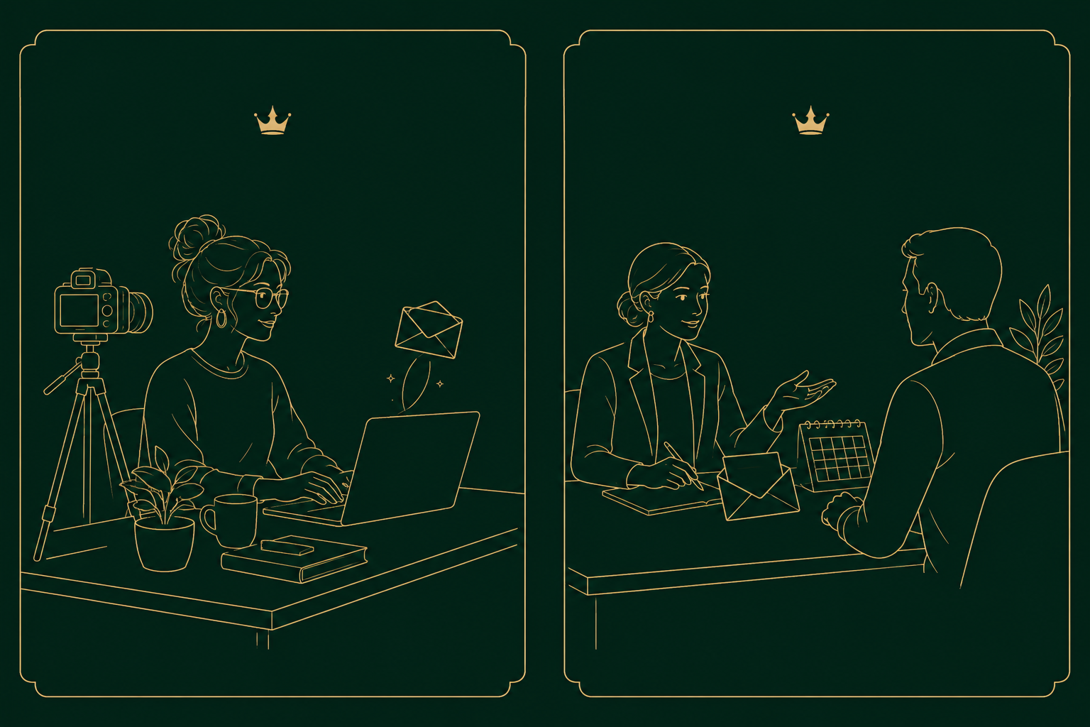 Two line drawings side by side. On the left, a content creator at a desk with a camera and a laptop, sending a newsletter. On the right, a consultant across a table from a client, with a calendar and a letter between them.